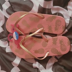 Primark Flip Flops Peach and Gold with Pineapples Size 9-10